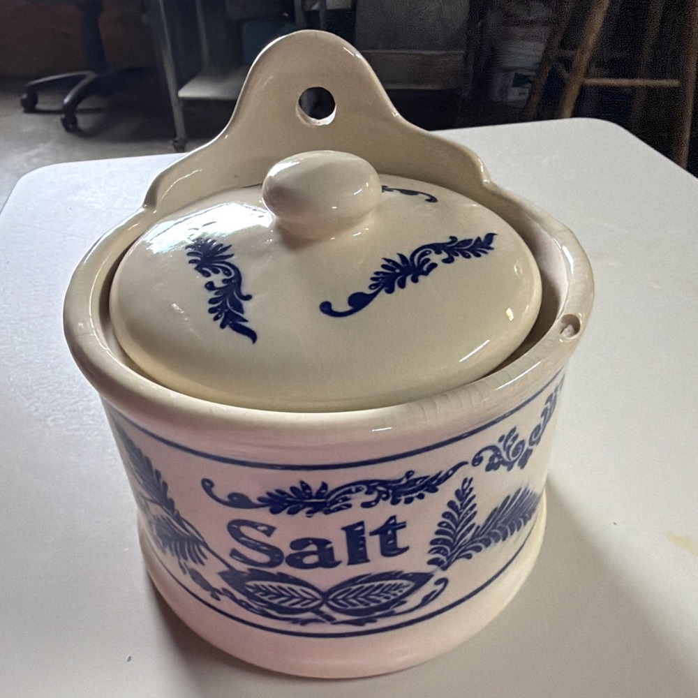 RARE! Antique Stoneware Salt Crock with Original Lid Cobalt Blue Hang Or Sit
